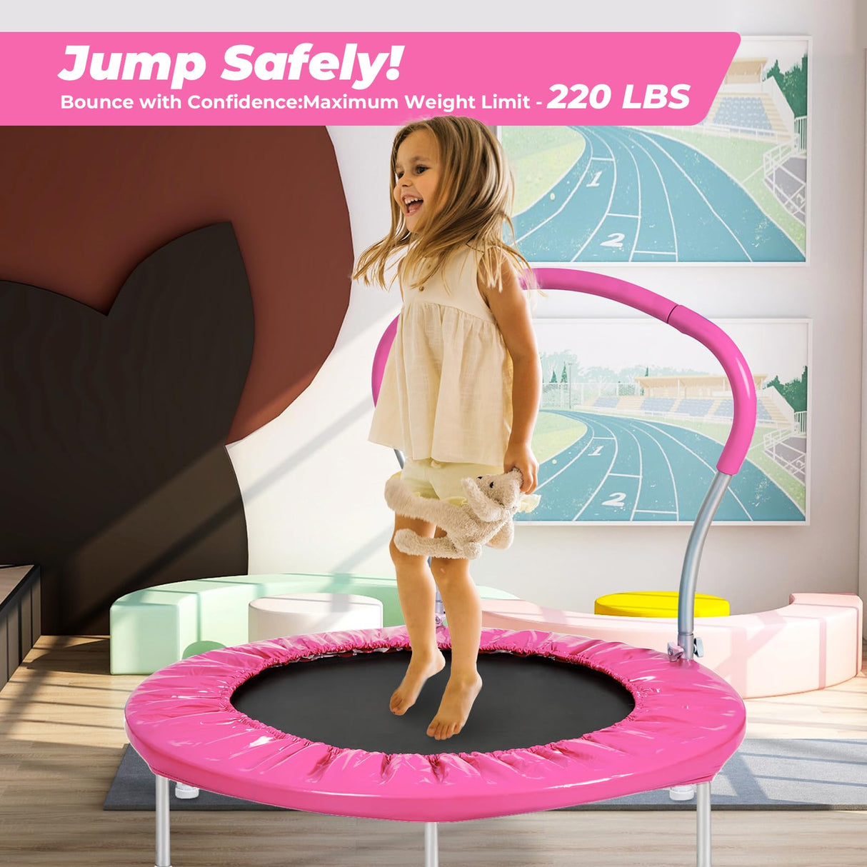 Roinoim 36 Inch Mini Trampoline for Kids with Handle, Indoor Round Toddler Trampoline, Pink Roinoim