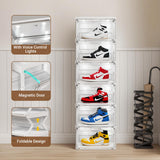 BROVIEW Led Shoe Boxes, Shoe Display Case with Lights, Large Clear Plastic Foldable Shoe Storage Box, Voice Activated Led Shoe Organizer Sneaker Case, Collection Crate, 1 Row 6 Tier White BROVIEW