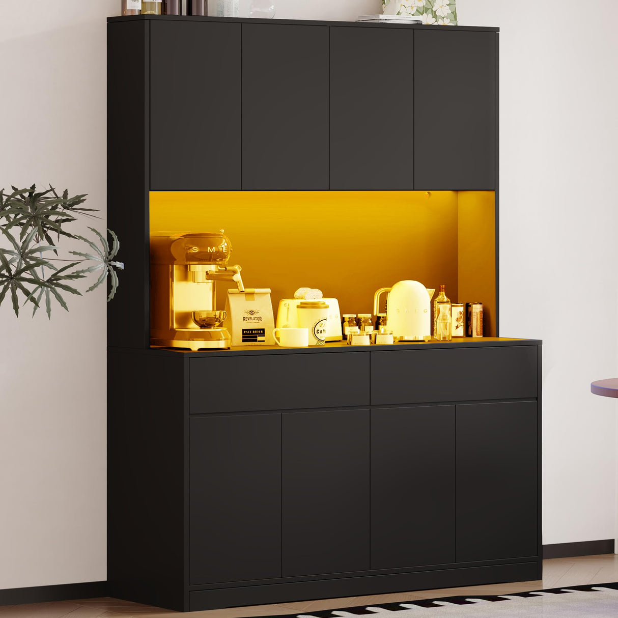 71" Tall Pantry Cabinet, 47" Wide Kitchen Pantry Storage Cabinet with LED Light & Outlet, Kitchen Hutch with Microwave Shelf, Door Shelves & Drawer & Adjustable Shelves, for Dining Room Hlivelood