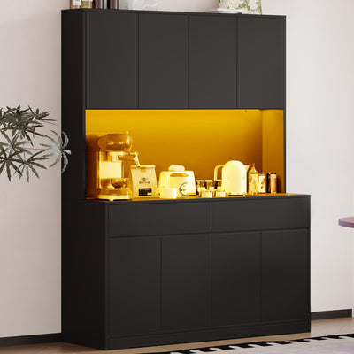 71" Tall Pantry Cabinet, 47" Wide Kitchen Pantry Storage Cabinet with LED Light & Outlet, Kitchen Hutch with Microwave Shelf, Door Shelves & Drawer & Adjustable Shelves, for Dining Room