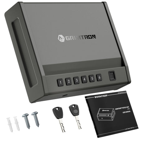 Grimtron Biometric Gun Safe for Handgun – Quick Access Pistol Safe with 100 Fingerprints, Backlit Keypad & Backup Keys – Gun Lock Box for Nightstand, Bedside, Car, Truck & Vehicle Use Grimtron