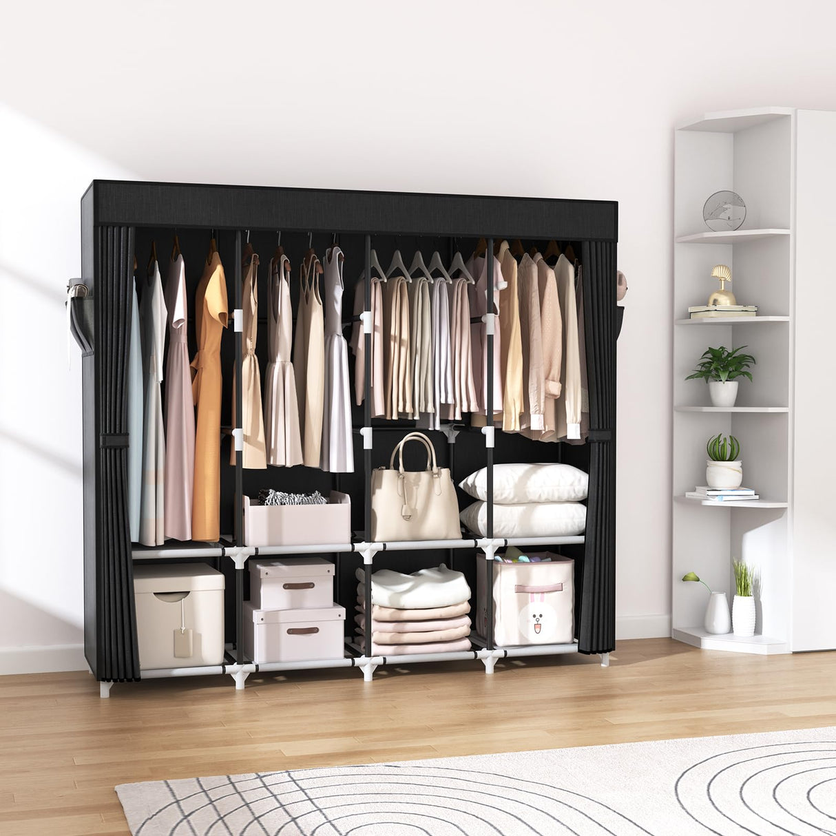 VTRIN Portable Closet for Hanging Clothes 67 Inch Wide Large Capacity Portable Wardrobe Closet with Cover, 4 Storage Shelves and 4 Hanging Rod Sturdy Free Standing Closet for Bedroom, Black VTRIN