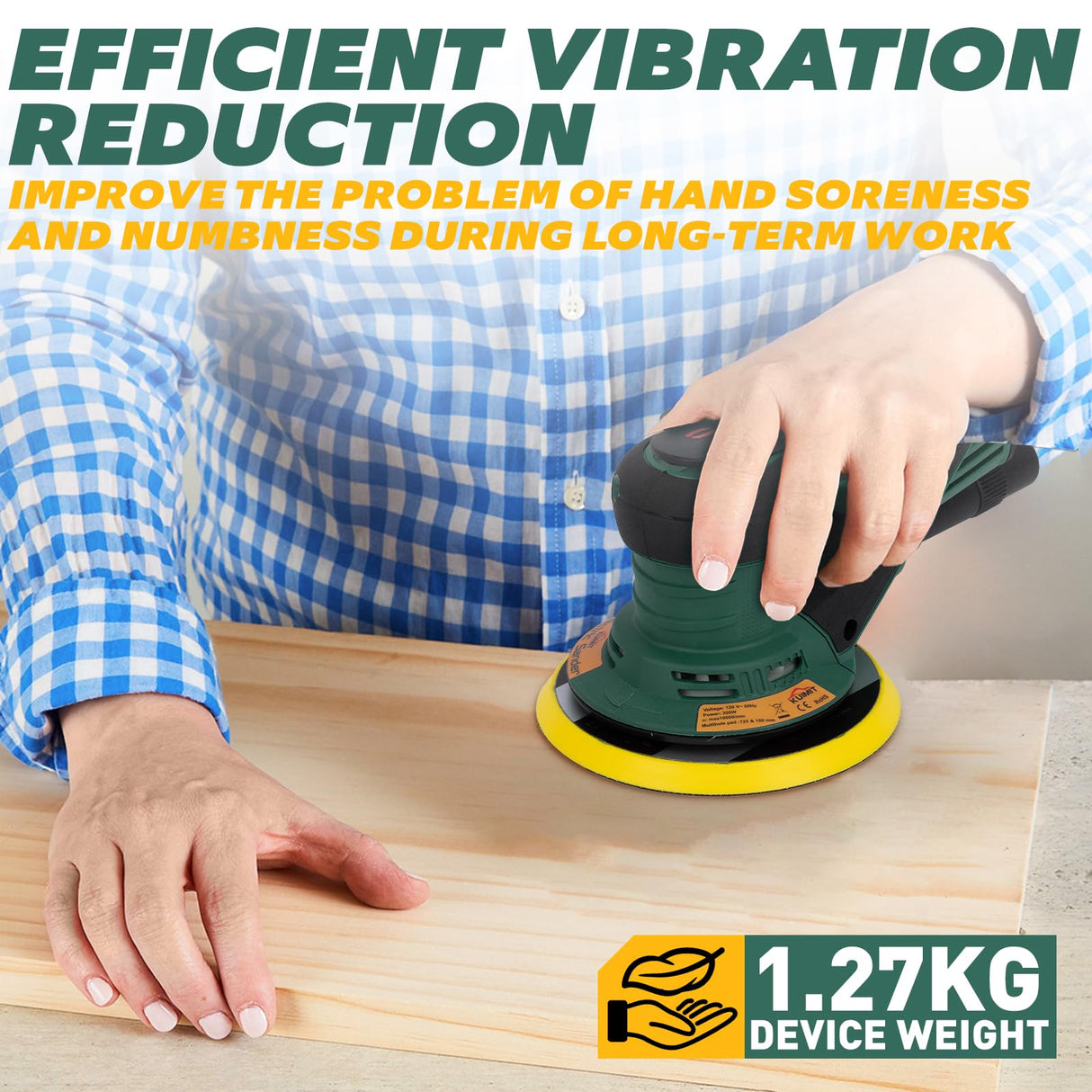 KUIMIT Electric Random Orbital Sander, 350W brushless motor with 5&6-inch pads, 4000-10000RPM Electric Palm Sander for Woodworking, Sanding and Polishing KUIMIT