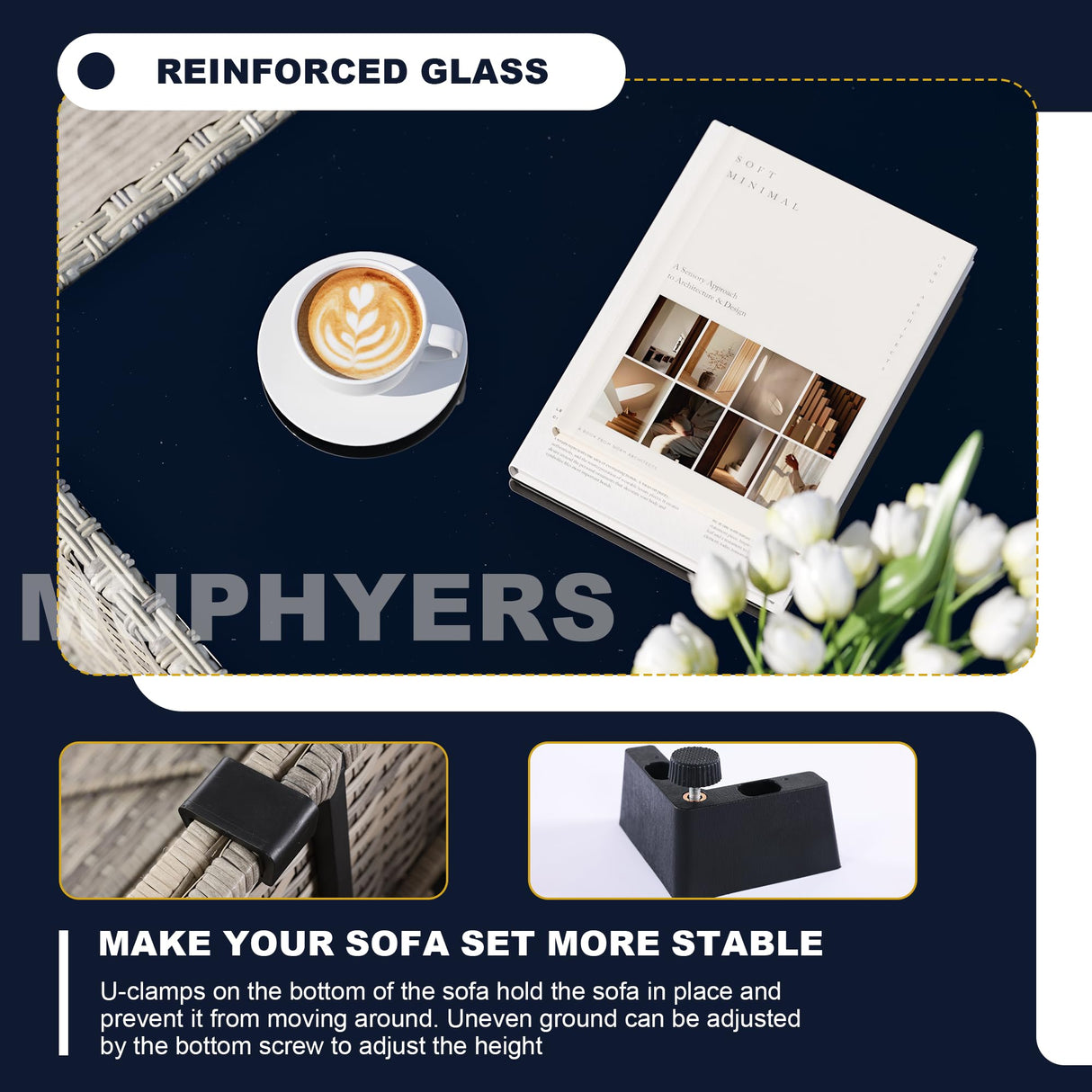 Muphyers 11-Piece Outdoor Patio Furniture Set with Rocking Swivel Chair, Wicker Rattan Sectional Sofa Conversation Set with 55,000 BTU Fire Pit Table, Backyard Furniture, Navy Blue Muphyers