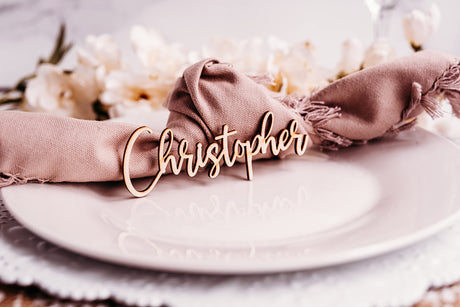 Customized Wooden Name Tags for Place Setting, Personalized Place Cards for Weddings, Bridal Showers and Events, Cursive Laser Cut Seating Cards WoodArtSupply