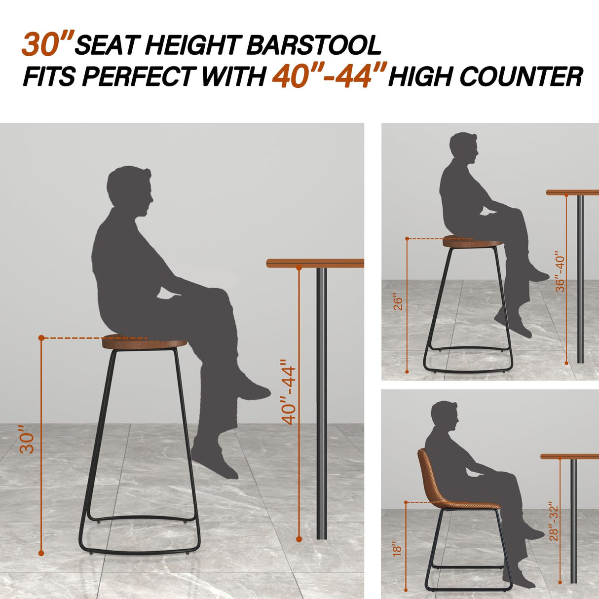 HeuGah Bar Stools Set of 3, Solid Wood Counter Height Bar Stools 30 Inch Saddle Seat Barstool Rustic Tall Bar Height Stool for Kitchen Island with Metal Leg (Walnut, 3 PCS 30Inch Barstool) HeuGah