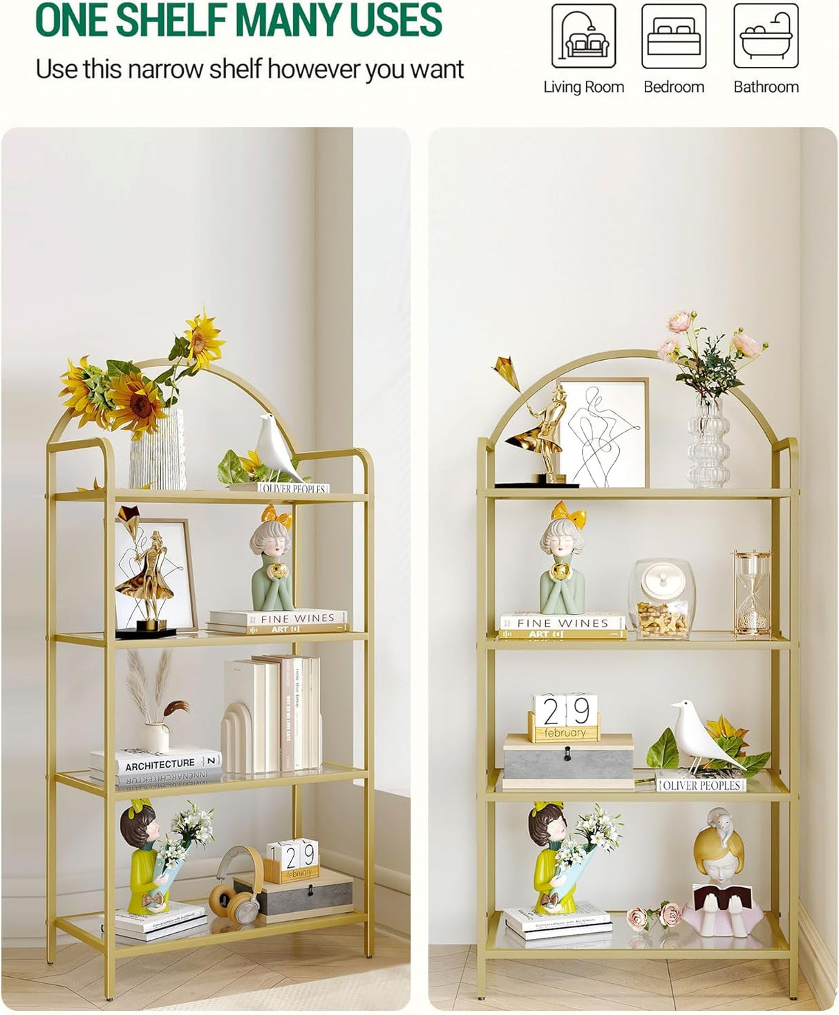 Hzuaneri Bookcase Bookshelf, Tempered Glass Bookshelves, Slim Shelving Unit for Bedroom, Bathroom, Home Office, Steel Frame, 4 Tier Gold BC21499G Hzuaneri