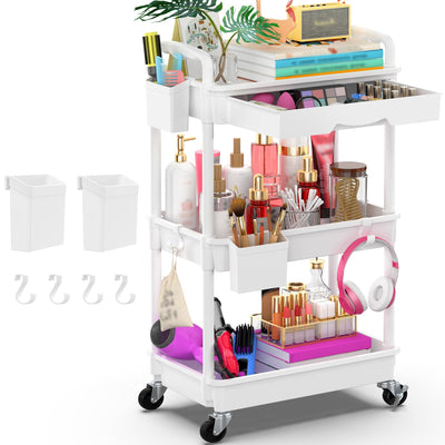 Goovilla 3 Tier Rolling Utility Cart Organizer with Removable Drawer, Stable and Sturdy White Rolling Storage Carts with 2 Lockable Wheels for Bathroom, Kitchen, Snack, Craft, Makeup, Baby Essentials