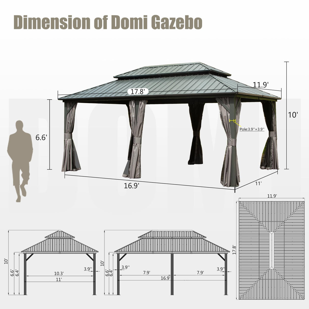 Domi 12’ x 18’ Hardtop Gazebo Aluminum Frame Canopy with Netting & Curtains, Outdoor Permanent Metal Pavilion with Galvanized Steel Double Roof for Patio Lawn and Garden, Gray domi outdoor living