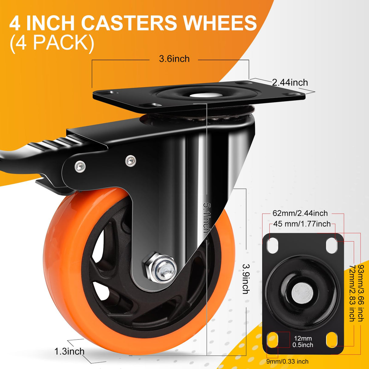 QNCZ 4" Caster Wheels, Outstanding Casters Set of 4 Heavy Duty, Silent Industrial Casters, Locking Casters Wheels for Furniture, Castor Wheels for Cart, Workbench. QNCZ