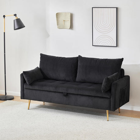 Furnimart 3-Seater Storage Sofa and Couch, Corduroy Loveseat with Accent Single Chair, Small Living Room Furniture Set for Apartment, Tiny Homes and Lofts, 2PC-Black Furnimart