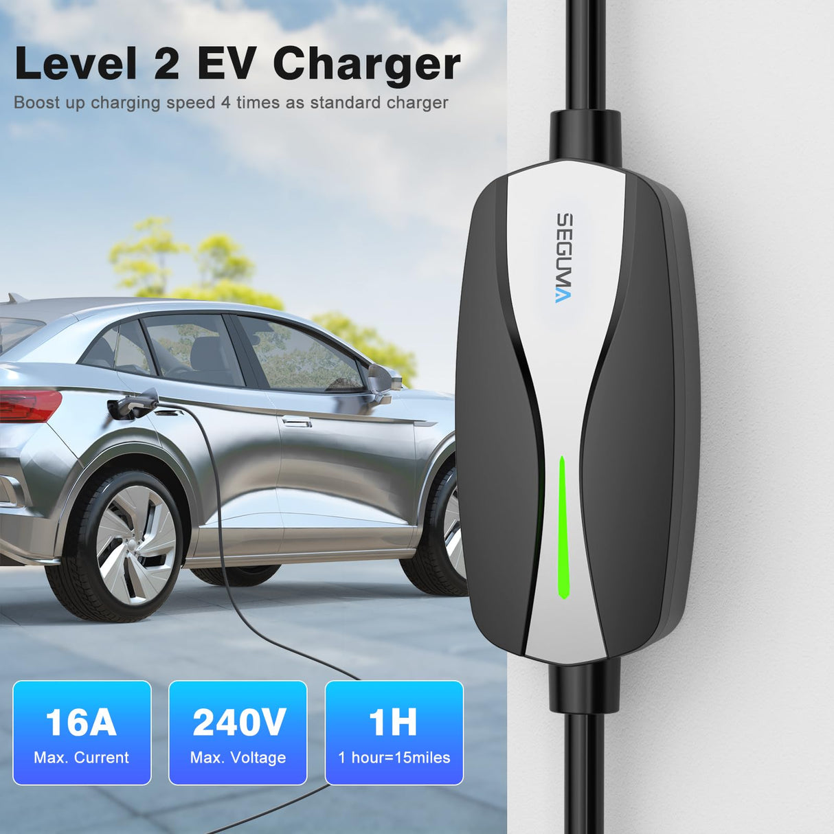 SEGUMA Level 1/2 EV Charger, 16Amp Electric Car Charger Portable EV Charger 25FT Cable with NEMA 6-20 Plug and NEMA 5-15 Adapter, Home Mobile EV Charging Station for J1772 BEVs/PHEVs 110V-240V(Black) SEGUMA