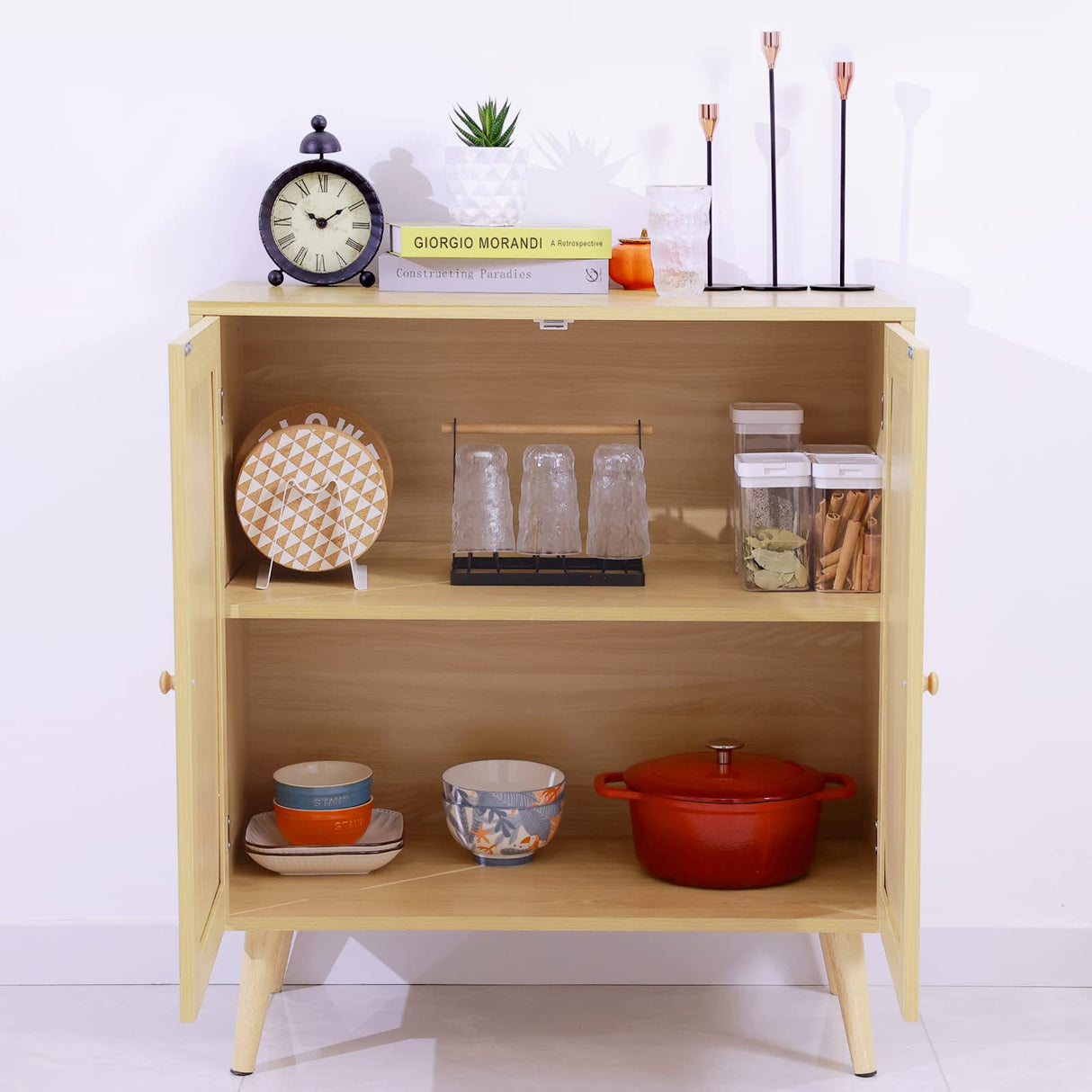 EOYUTLLY Sideboard Buffet Cabinet with Storage, Kitchen Storage Cabinet with Rattan Doors, Rattan Cabinet with Adjustable Shelves for Hallway, Living Room, 31.5 x 15.7 x 35 Natural, Assemble Easily EOYUTLLY