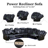 A Ainehome Black Leather Power Reclining Sectional Sofa with LED, Power Recliner Sectional Couch with Recliner Living Room Set with USB Port&Read Light for Living Room A Ainehome