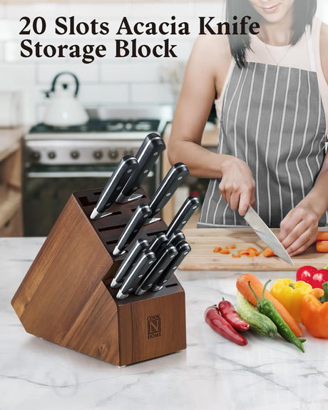 Cook N Home Acacia Wood Knife Storage Block without Knives, 20 Slot Universal Knife Holder Countertop Butcher Block Knife Stand for Easy Kitchen Storage Cook N Home