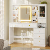BTHFST Makeup Vanity with Charging Station & 3-Layer Jewelry Box, Vanity Desk with Sliding Mirror and Lights, Vanity Table with 8 Necklace Hooks & 5 Drawers & Shelves, White BTHFST