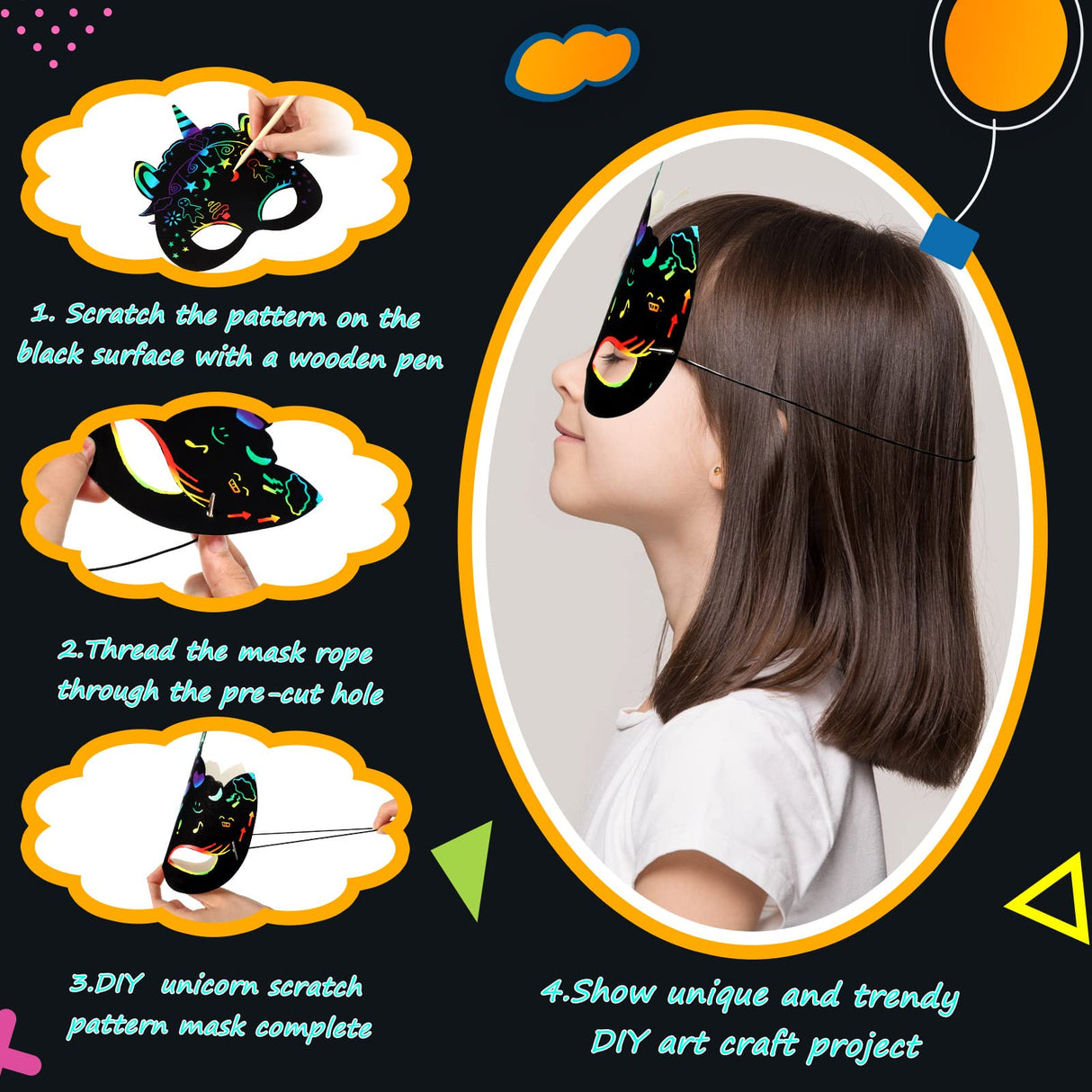 30 Pcs Unicorn Scratch Mask Rainbow Paper Art Mask, Wooden Stylus and Elastic Bands Scratchboard Party Dress up Costumes for Unicorn Party Supplies Sabary