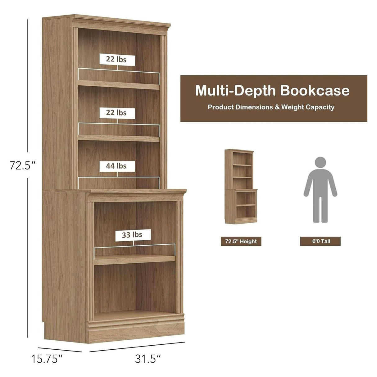 JAHRSTIM Halston Multi-Depth Bookcase, Adjustable Storage Open Display Shelving Unit for Home and Office Space, 31.5”L x 15.75”W x 72.8”H, Oak JAHRSTIM