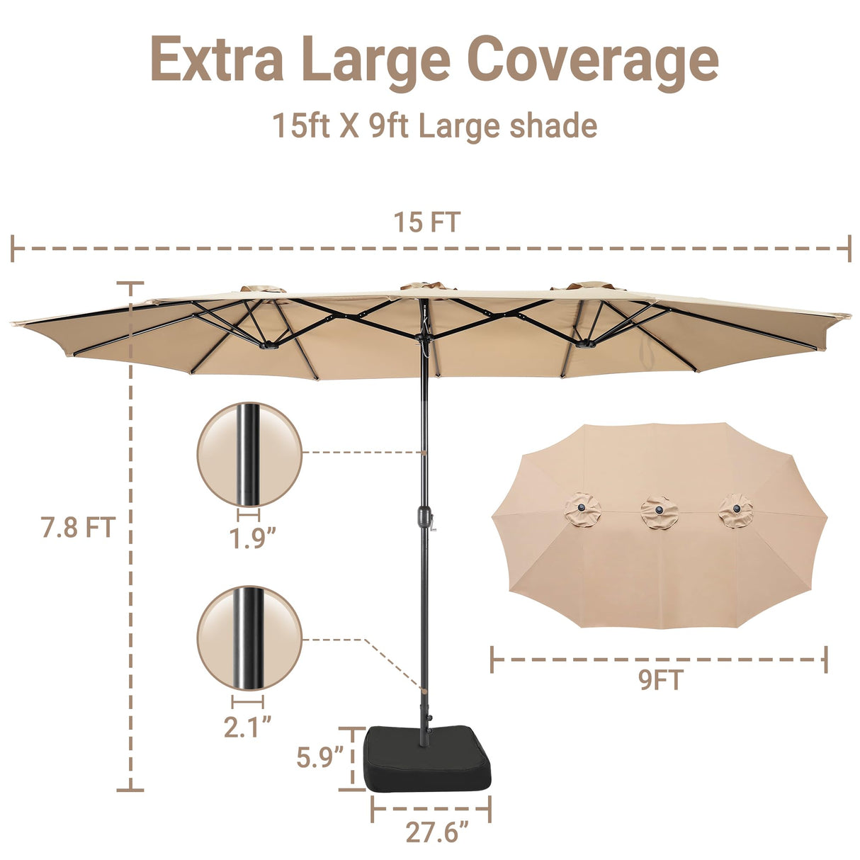 Bigroof 15ft x 9ft Patio Double-Sided Umbrella with Base & Crank, Extra Large Rectangular Outdoor Umbrella for Patio, poolside Lawn & Garden, Beige Bigroof
