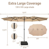Bigroof 15ft x 9ft Patio Double-Sided Umbrella with Base & Crank, Extra Large Rectangular Outdoor Umbrella for Patio, poolside Lawn & Garden, Beige Bigroof