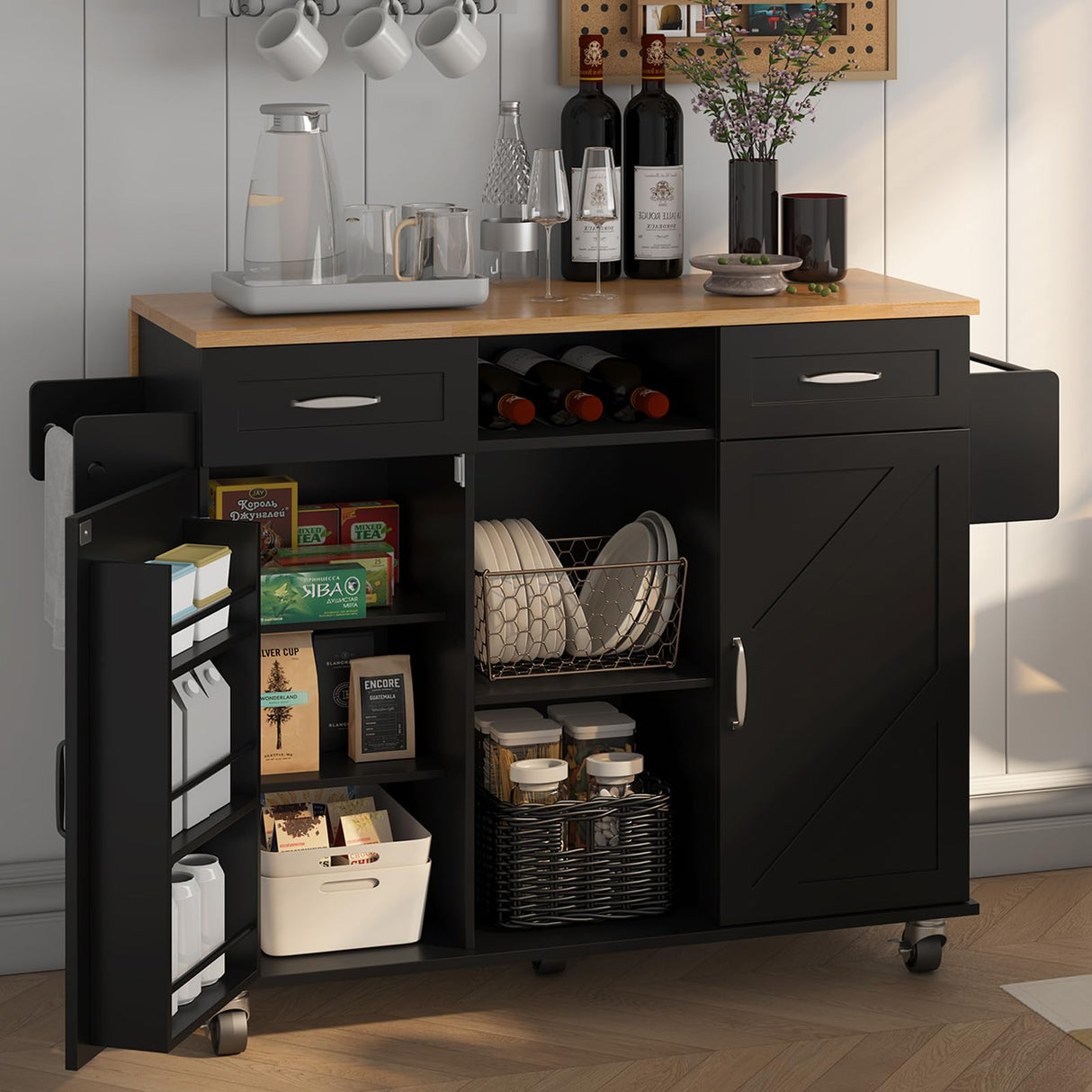 knoworld 51.5'' Rolling Kitchen Island with Storage Cabinet & Drawers, Drop Leaf Kitchen Cart on Wheels, Farmhouse Portable Mobile Islands, Large Butcher Block Table with Tower/Spice Rack, Black knoworld