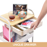 TOOLF 3-Tier Metal Utility Rolling Cart with Drawer and Wooden Table Top, Storage Cart White Trolley Kitchen Organizer Rolling Desk with Locking Wheels for Office, Classroom, Home, Bedroom TOOLF