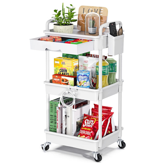 EaseSky Rolling Utility Cart with Drawer 3 Tier, Utility Storage Organizer with Plastic Shelf & Lockable Wheels Multifunctional Storage Cart for Kitchen, Bathroom, Office, Living Room, White