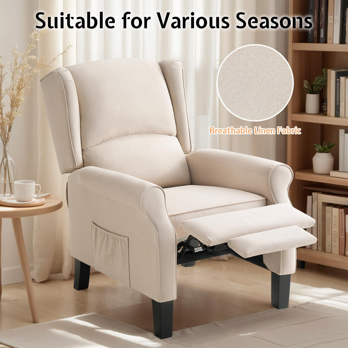Jocisland Pushback Recliner Chair, Modern Fabric Wingback Armchair with Storage Pockets and Wood Legs, Classic Living Room Single Sofa for Small Spaces, Linen, Beige Jocisland