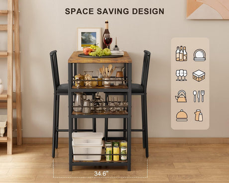 Gizoon Retro Dining Table Set for 2 with 3 Storage Shelves and PU Cushion Chairs Gizoon
