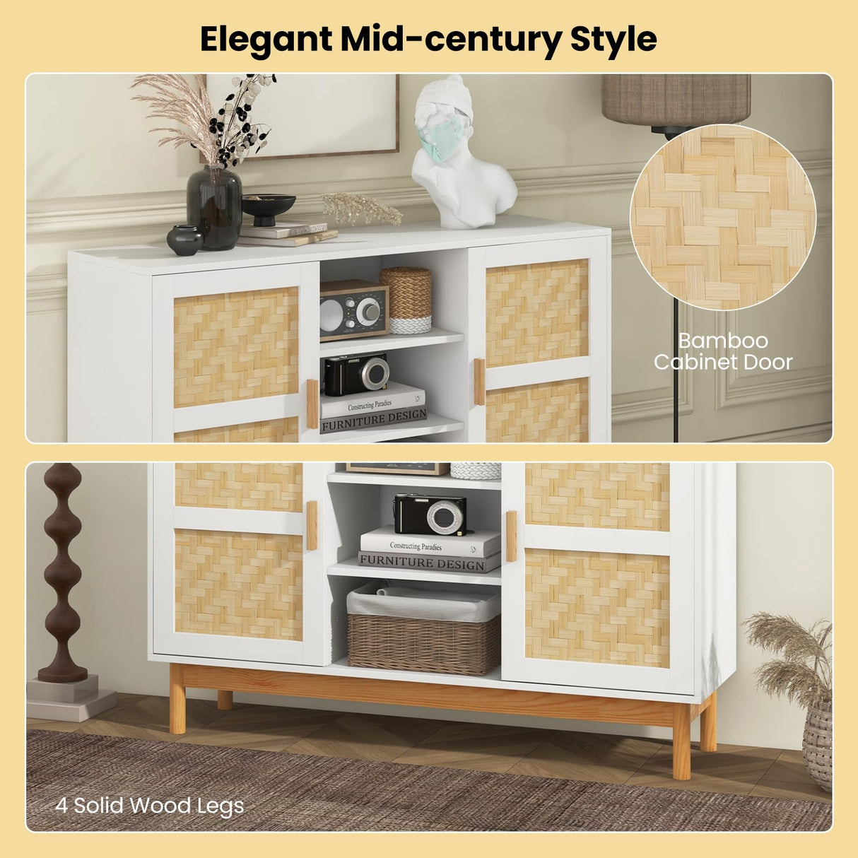 Giantex Buffet Sideboard, Kitchen Storage Cabinet with 3 Open Shelves & 2 Side Cabinets, 48” Wood Cupboard w/ 2 Bamboo Woven Doors, Console Table for Living Room Entryway Coffee Bar, Natural Giantex