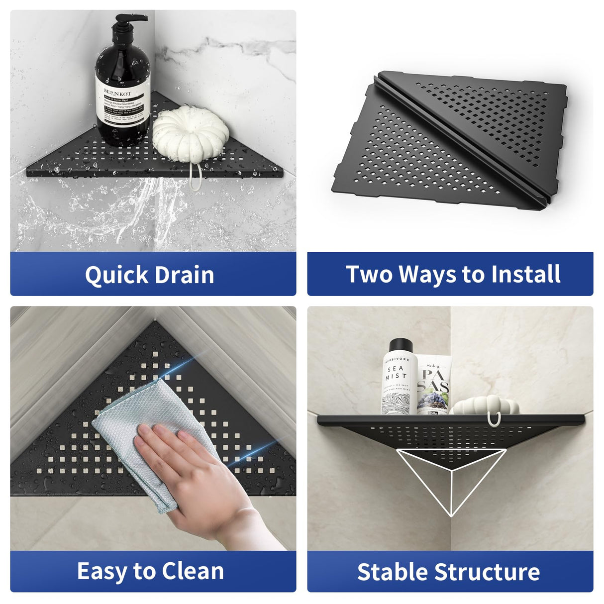 Bernkot Corner Shower Shelves, 10" Matte Black 304 Stainless Steel Recessed Shelf for Bathroom, Grout in Shelf for Tiled Wall 2 Pack Bernkot