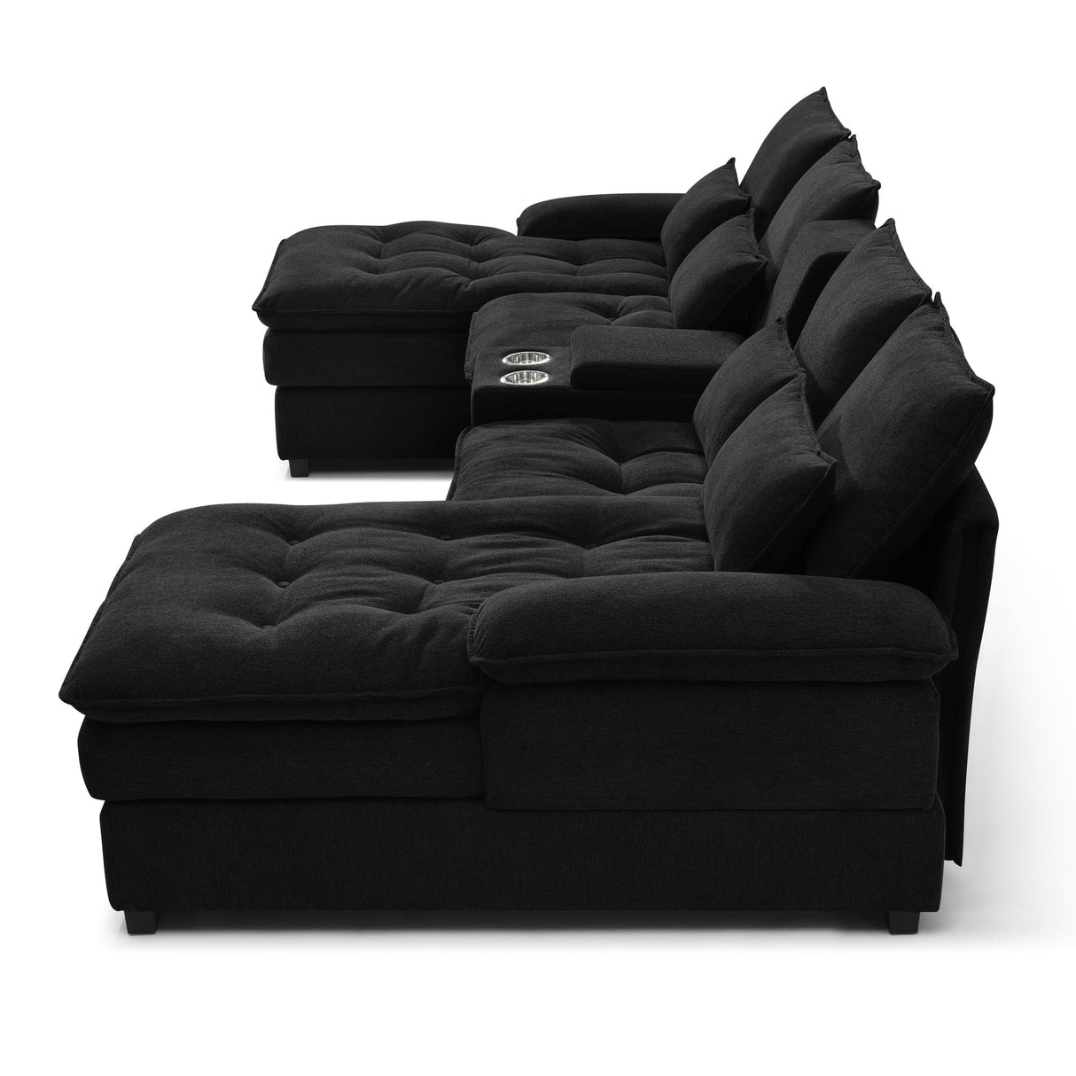 KEIKI 130" U-Shaped Sofa with Storage Console, Cup Holders, 6-seat Upholstered Sectional Sofa Button Tufted Cloud Cushion Couch for Home, Office, Apartment, Black KEIKI