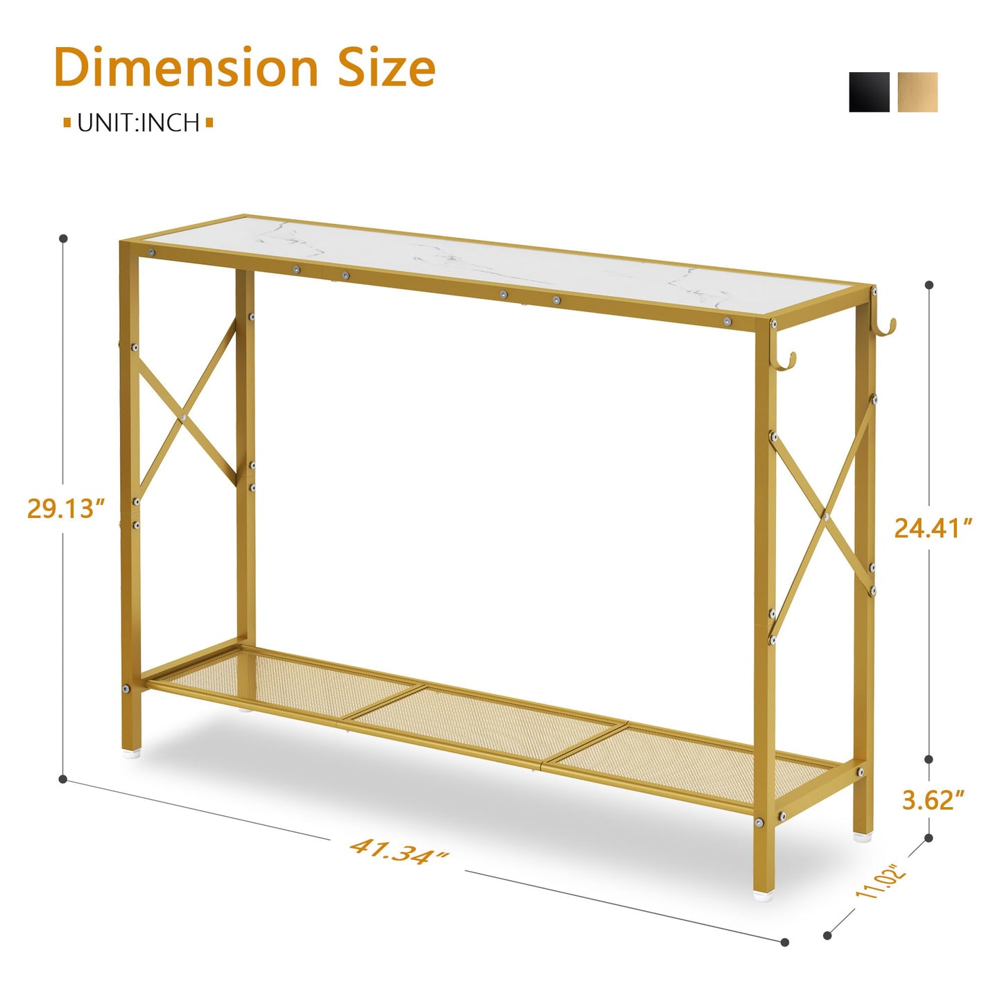 Gewudraw Gold Console Table, 2 Tier Narrow Entryway Table with Shelves and Hooks, Couch Table Behind Sofa, Entrance Table with Golden Frame for Entryway, Hallway, Foyer - WoodArtSupply