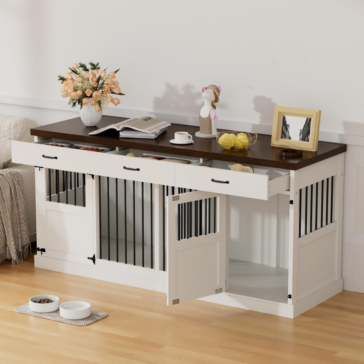 71" Dog Crate Furniture, Large Wood Double Dog Kennel Furniture with 3 Drawers, Crate Furniture Large Breed, Crates for 2 Dogs Furniture - White NBEETISM