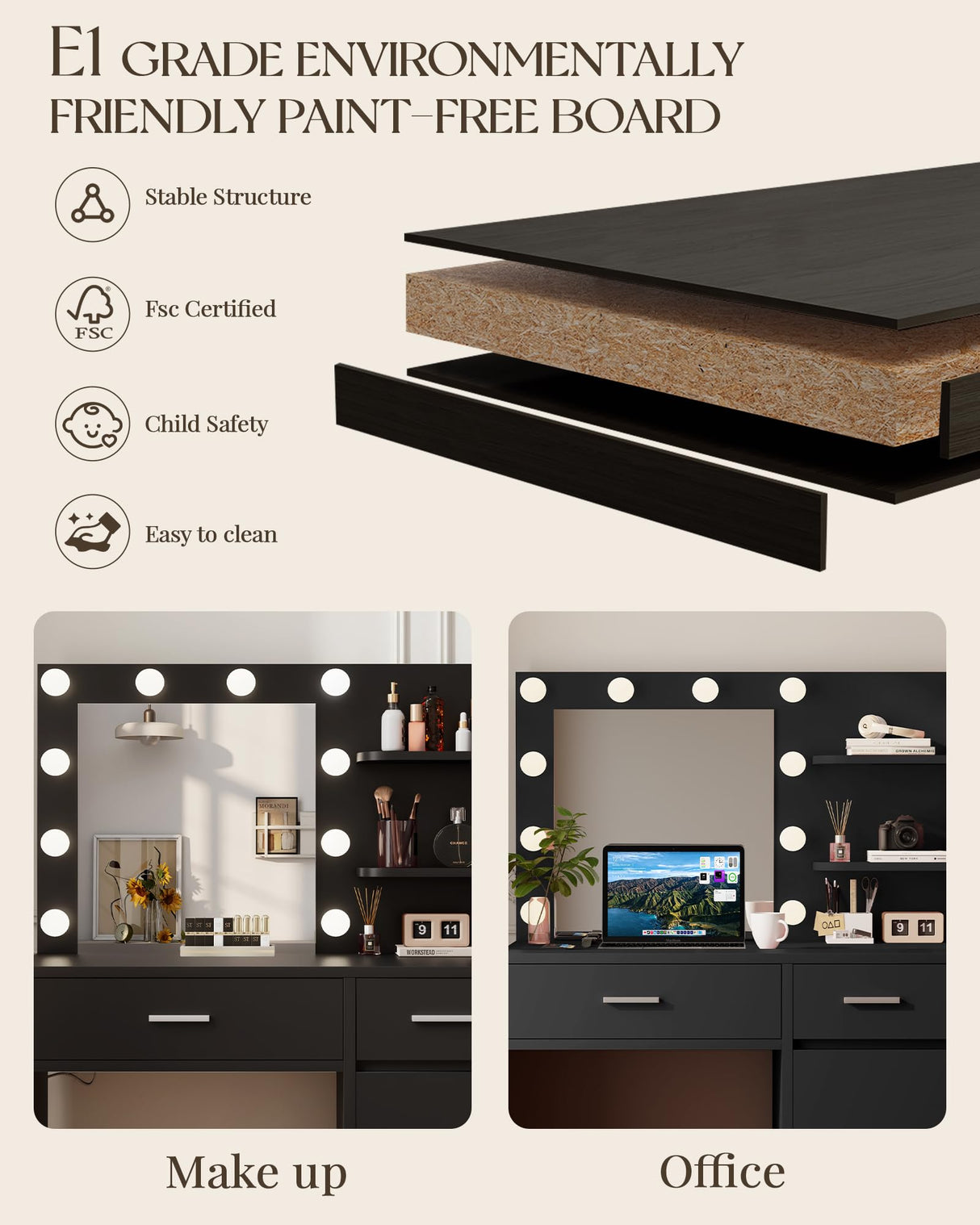 LIVELYGLOW Vanity with Lights, Makeup Vanity with Mirror, 3 Lighting Modes, for Bedroom, Black LIVELYGLOW