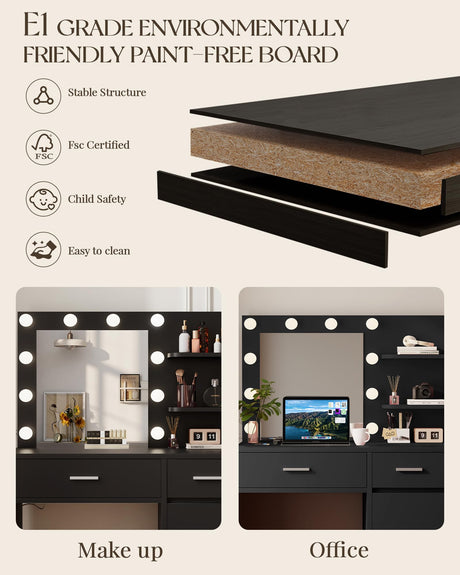 LIVELYGLOW Vanity with Lights, Makeup Vanity with Mirror, 3 Lighting Modes, for Bedroom, Black LIVELYGLOW