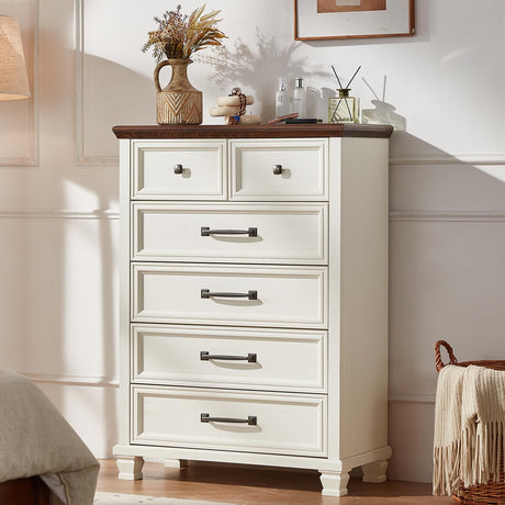 SAVOR LIFE Farmhouse 6 Drawer Dresser for Bedroom, 45 Inch Tall Vintage Wood Chest of Drawers, Rustic Dressers w/Square Wooden Legs, Mid-Century Storage Organizer for Living Room, Hallway, White SAVOR LIFE
