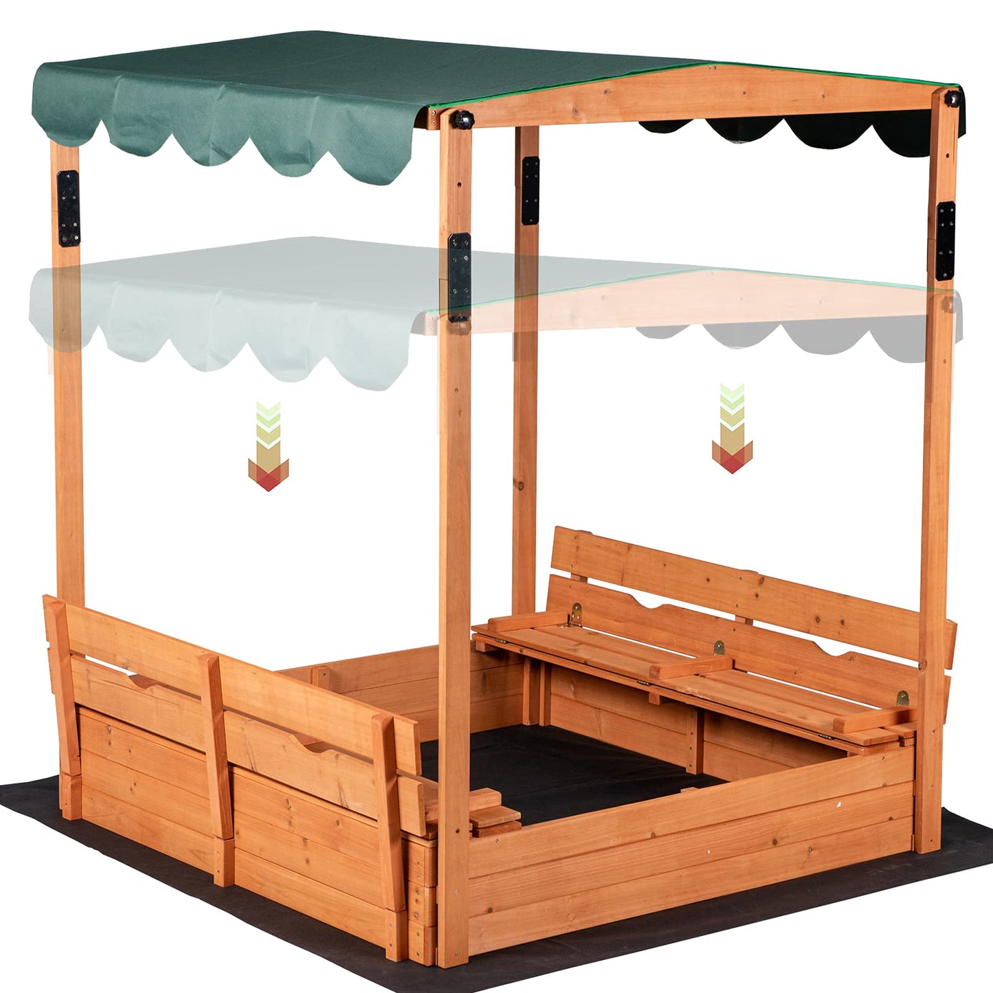 Wooden Outdoor Kids Sandbox Convertible Canopy Covered Sand Box Bench Seat Storage - WoodArtSupply