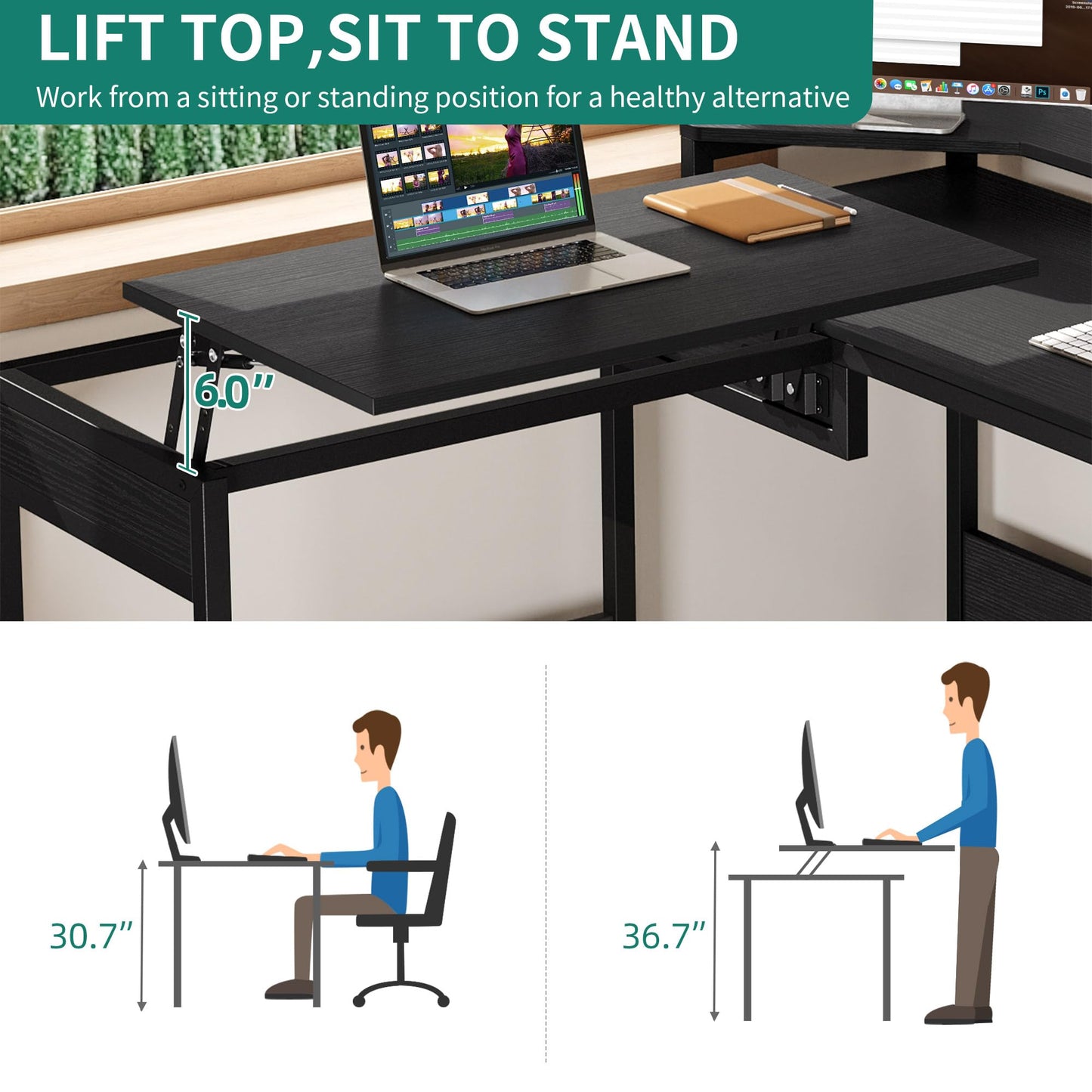 YITAHOME L Shaped Desk with Lift Top, 65" Adjustable Standing Desk with File Drawer, Corner Computer Desk with Storage Shelves,Home Office Desk, Black - WoodArtSupply