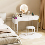 KAI-ROAD Makeup Vanity Desk with Mirror and Lights - Small White Vanity Table with Fabric Drawers & Chair, Power Outlet, Modern Make Up Vanitys Desks Set, Dressing Table for Girls Bedroom KAI-ROAD
