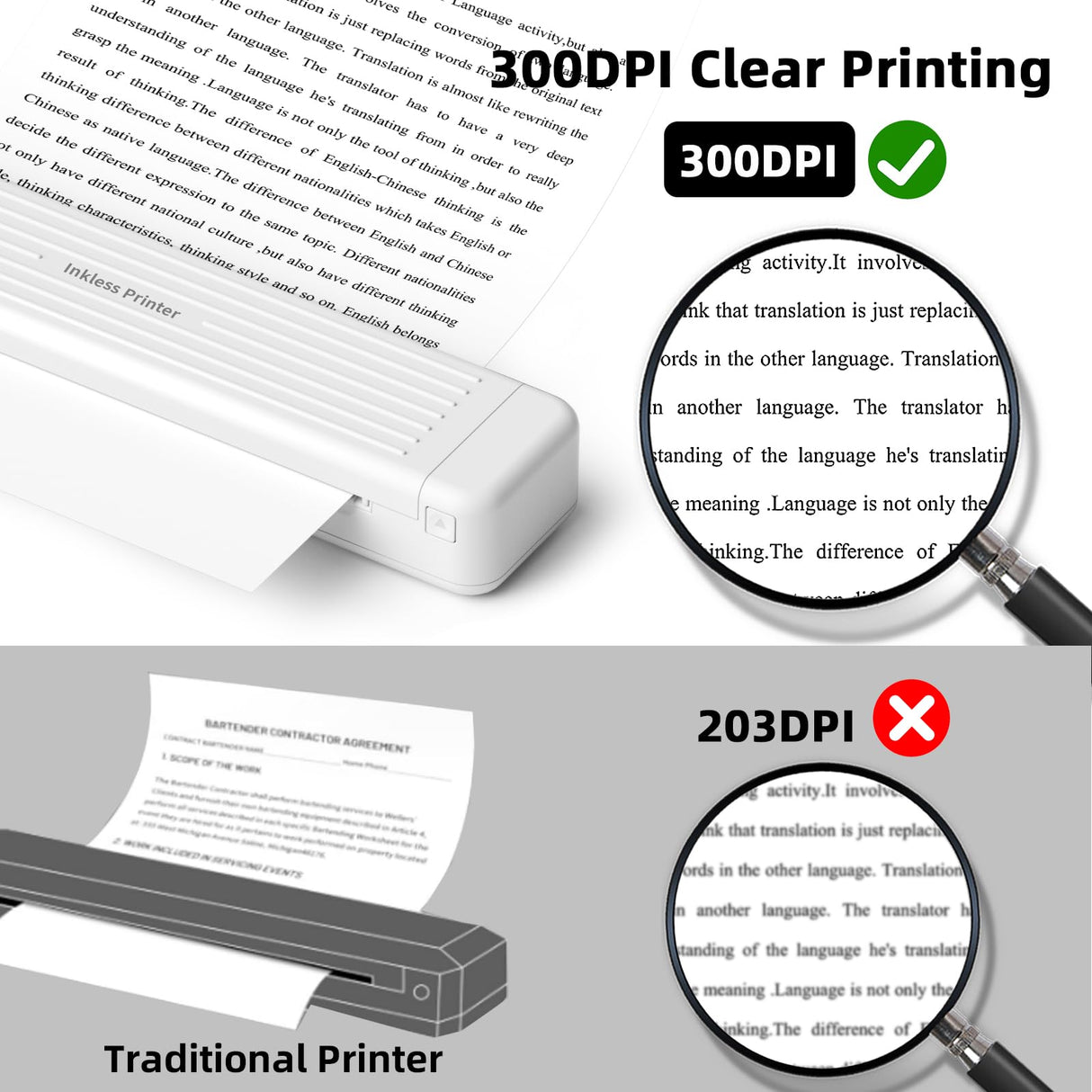 Portable Printer for iPhone iPad Laptop PC - Bluetooth Printer Supports Dual-sided Printing Letter/A4/B5/A5 Regular Paper, Wireless Printer for Home Travel Office Vehicle Word PDF Excel TxT 300DPI Zoolion