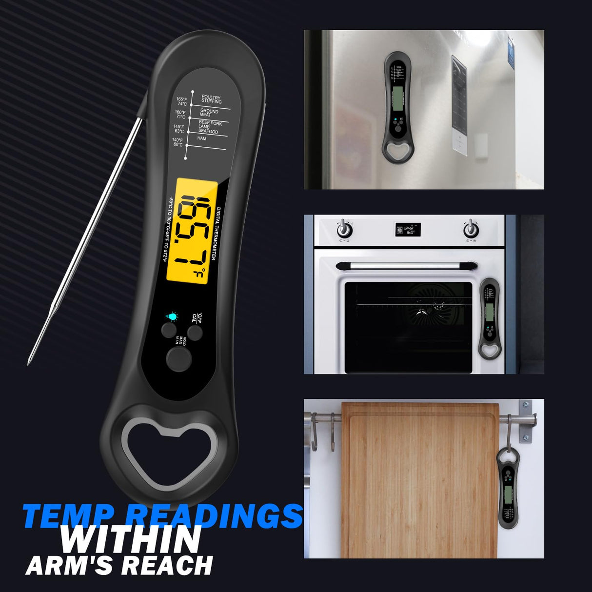 Meat Thermometer Digital, Instant Read Meat Thermometer for Grill and Cooking, with Bottle Opener, Backlight & Calibration Food Thermometer, Kitchen Gadgets for BBQ, Turkey, Candy, Liquids Biison