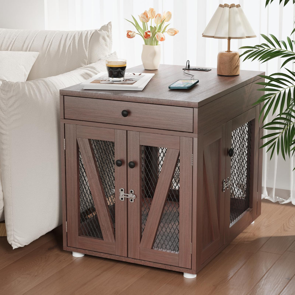 VOWNER Dog Crate Furniture, Wooden Dog Kennel End Table with USB Charging Station, Storage Drawer, Double Latched Door, Furniture-Style Crate Side Table for Medium Dogs Under 40 lbs Indoor, Oak Brown VOWNER