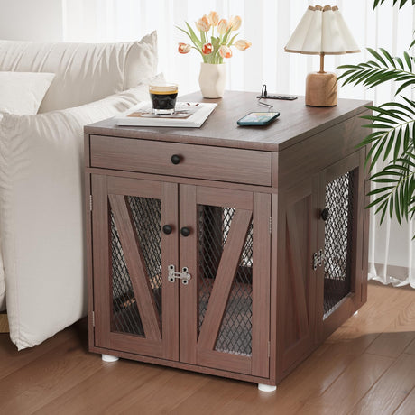 VOWNER Dog Crate Furniture, Wooden Dog Kennel End Table with USB Charging Station, Storage Drawer, Double Latched Door, Furniture-Style Crate Side Table for Medium Dogs Under 40 lbs Indoor, Oak Brown VOWNER