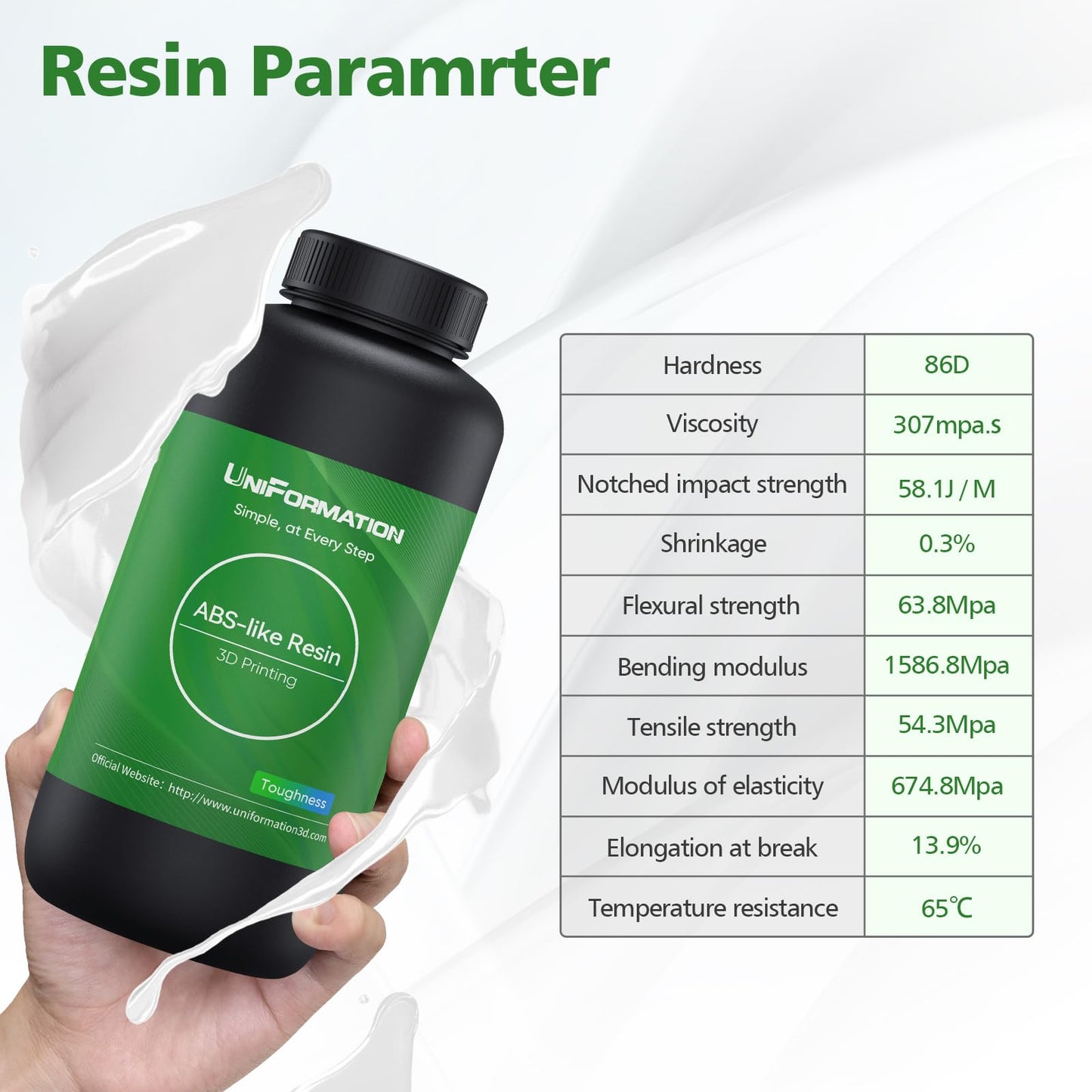 UniFormation 3D Printer ABS-Like Resin,for 3D Printer- Rapid UV Curing 405nm Standard Photopolymer Resin - High Hardness and Toughness, Low Odor and Low Shrinkage Suitable (X22 White, 1kg)