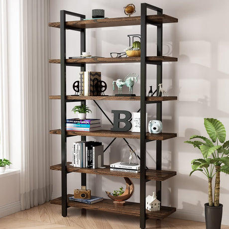 AY-AOYUAN Solid Wood Bookcase and Book Shelves Wood and Metal Shelving Unit 5 Tier Bookshelf Modern Rustic Open Bookshelf Office,Distressed Brown (AY-02-6Tier) AY-AOYUAN