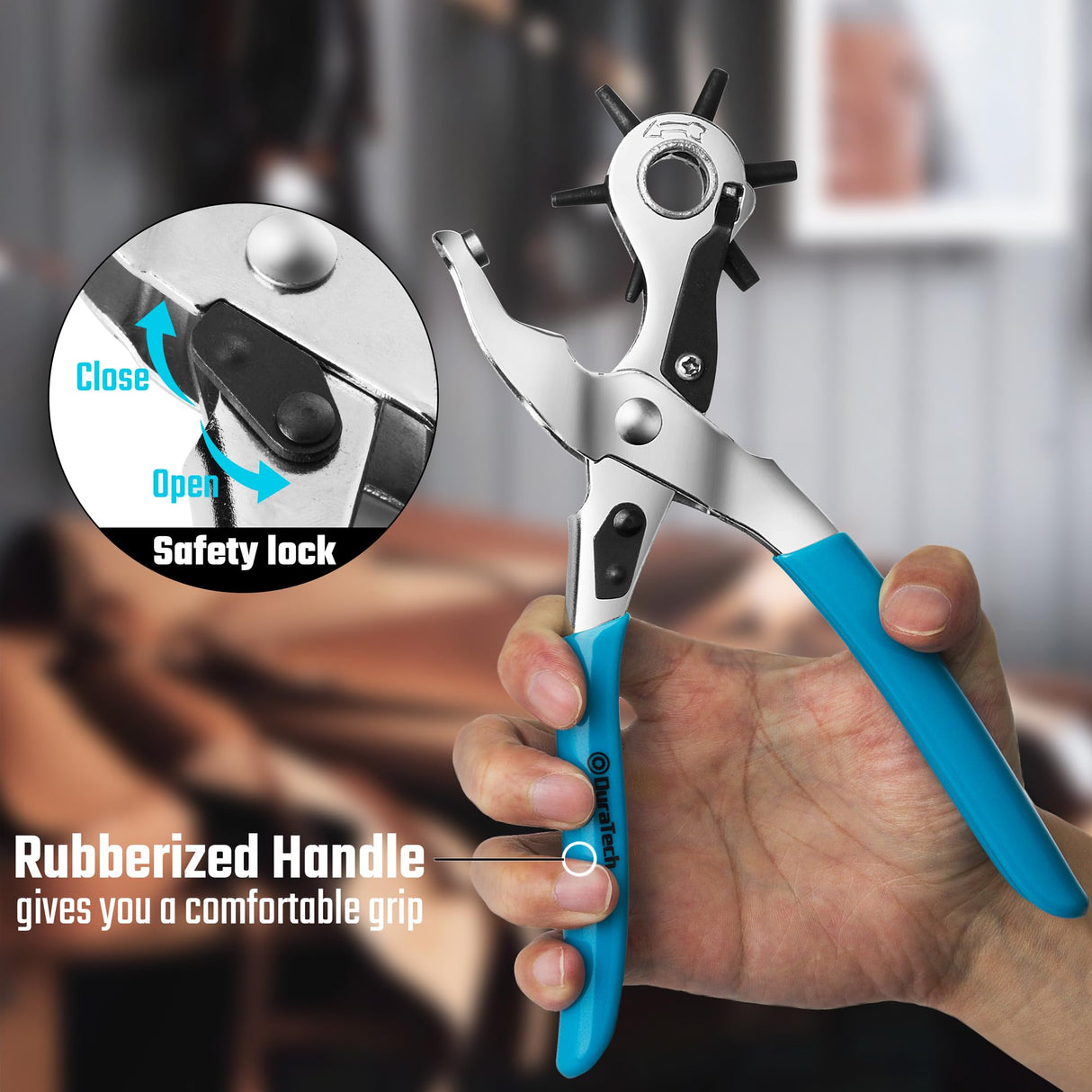 DURATECH Revolving Punch, Leather Hole Punch Tool, 8 Inch, 6 Multi-Hole Size Covers 2mm to 4.5mm, for Belts and Dog Collars, Ideal for DIY Projects DURATECH