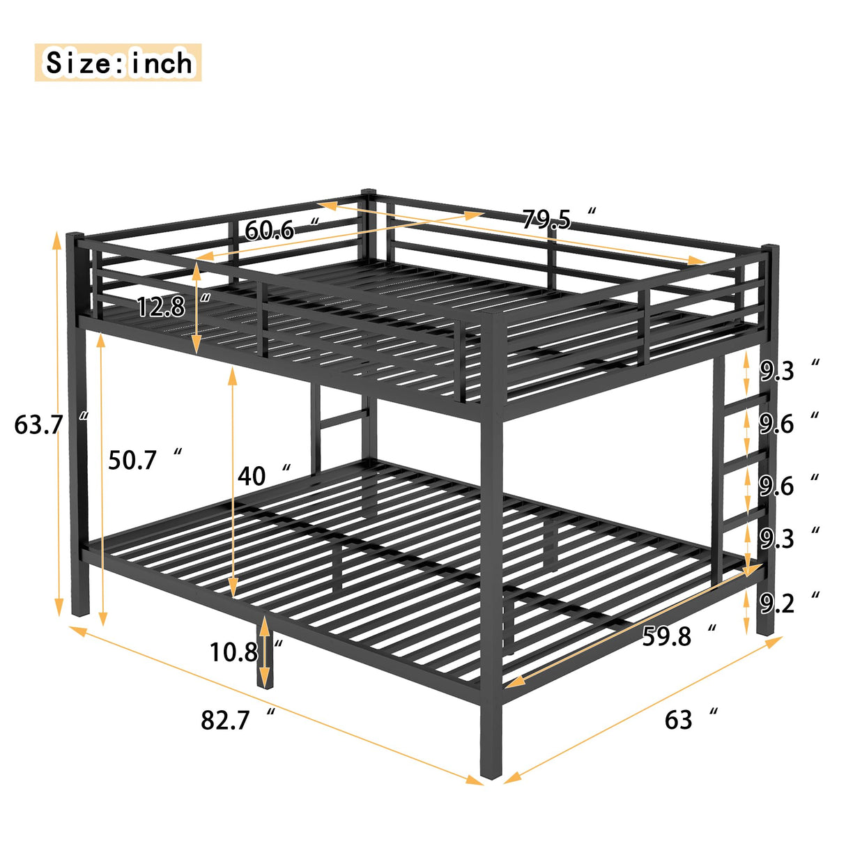 Bellemave Queen Over Queen Bunk Bed for Adults Teens, Metal Queen Bunk Bed with 2 Ladder & Safety Guardrails Heavy Duty Queen Size Bunk Beds with Noise-Reducing Rubber Stoppers, Easy Assemble, Black Bellemave