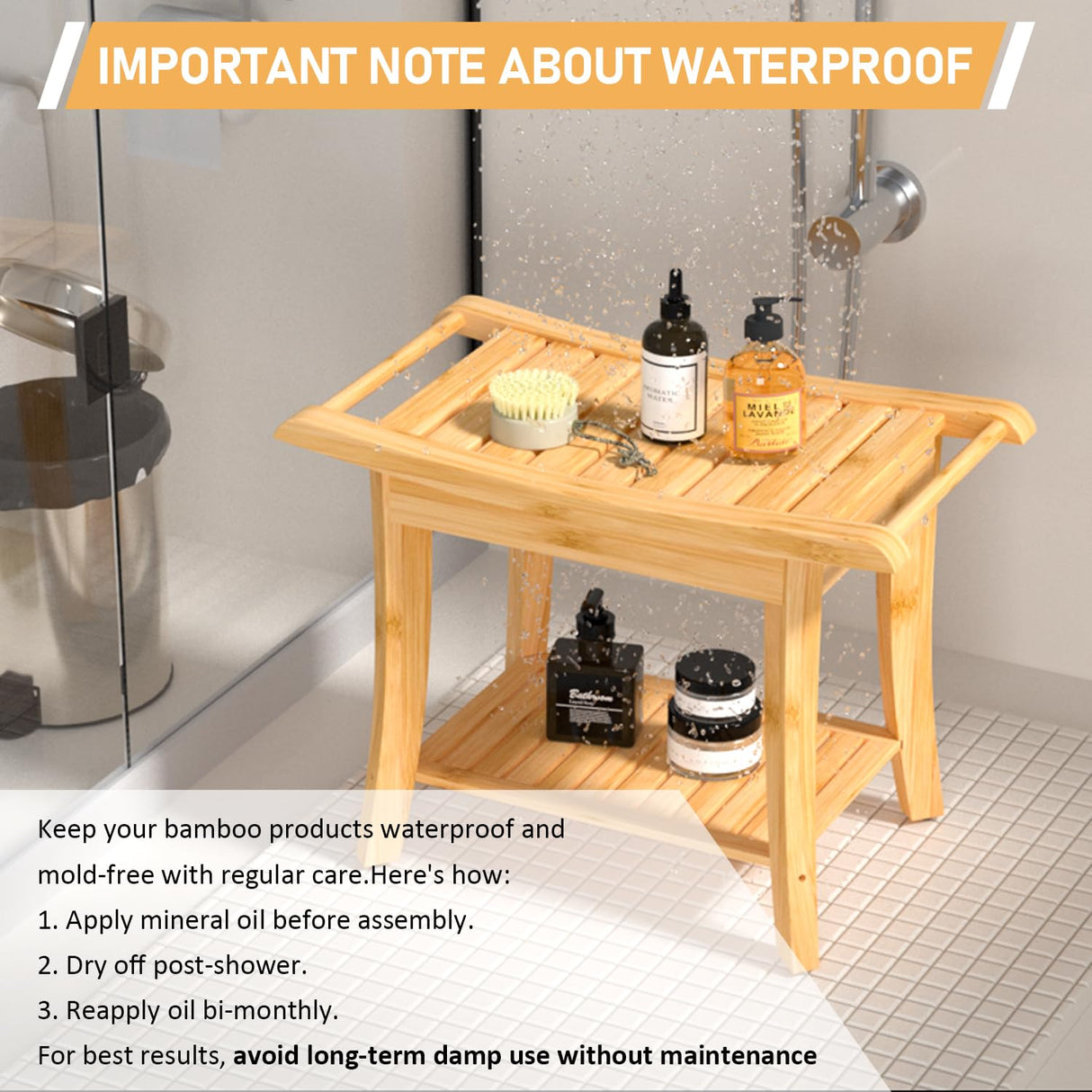 Zhuoyue Bamboo Spa Bath Shower Stool & Bench with Storage Shelf, Shower Bath Seats for Adults Seniors Women Elderly Tileable Zhuoyue