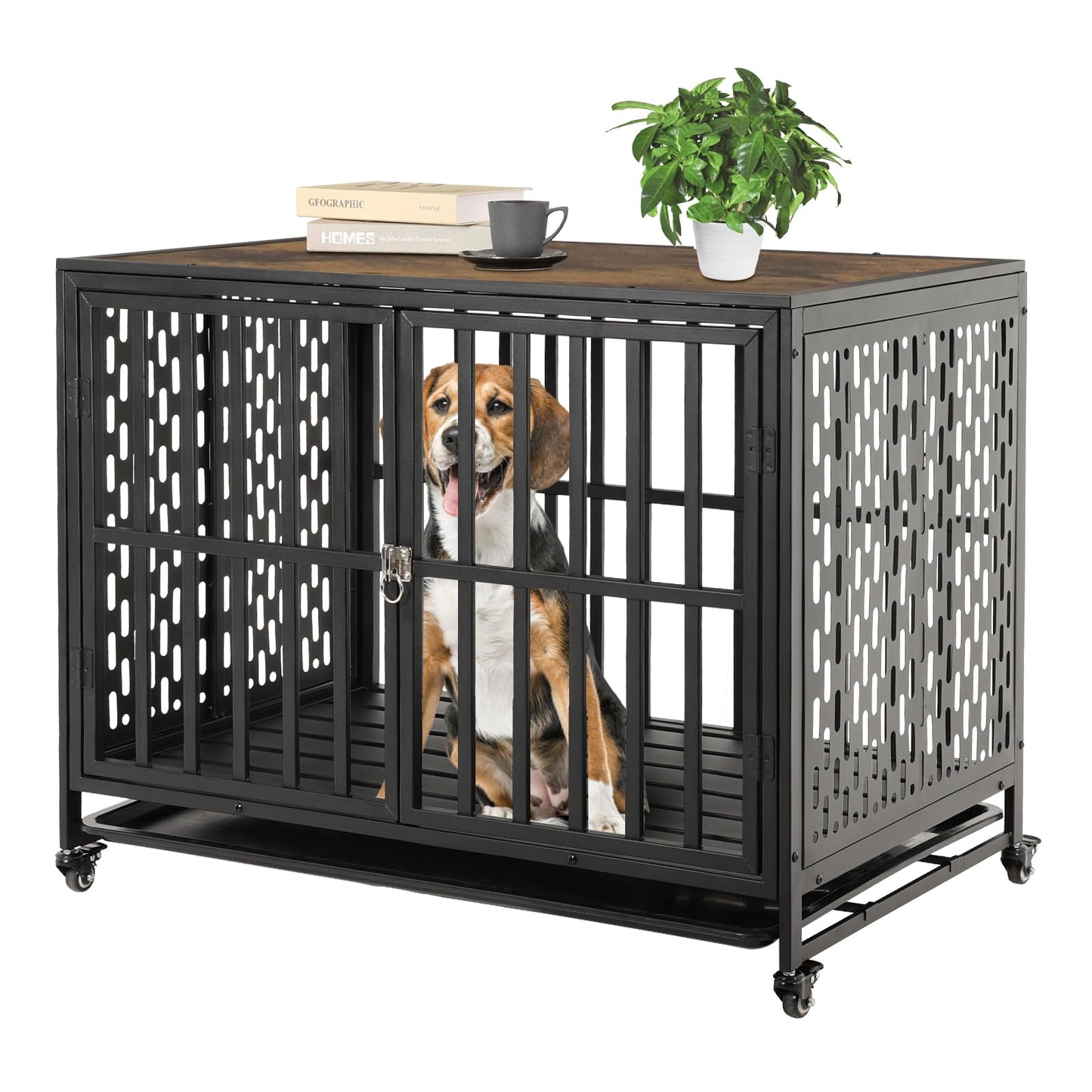 AGESISI Dog Crate Furniture 38” Dog Kennel Indoor with Removable Tray, Decorative Pet Crate for Medium/Large Dogs, XL Wooden Dog Cage with 4 Lockable Wheels, Chew Resistant, Black